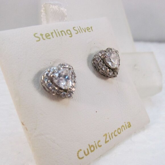 Cubic Zirconia Sterling Silver Heart Pierced Earrings - Picture 13 of 15